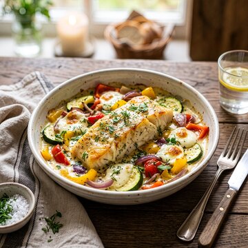 Dorsz w kremowym sosie z cukinią, papryką, cebulą i mozzarellą 