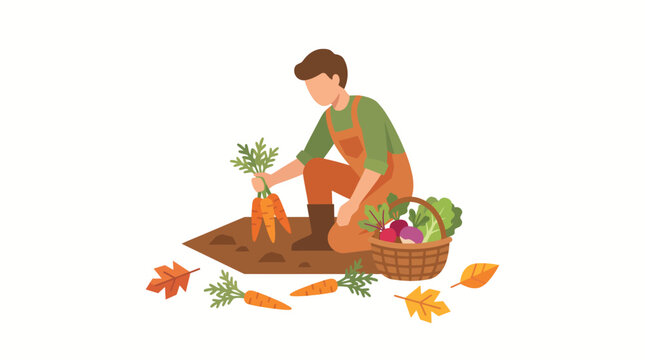 Farmer harvesting carrots in autumn garden flat vector illustration