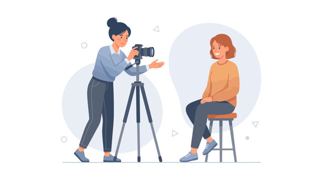 Professional female photographer taking portrait photo of smiling woman sitting on stool in studio flat vector illustration
