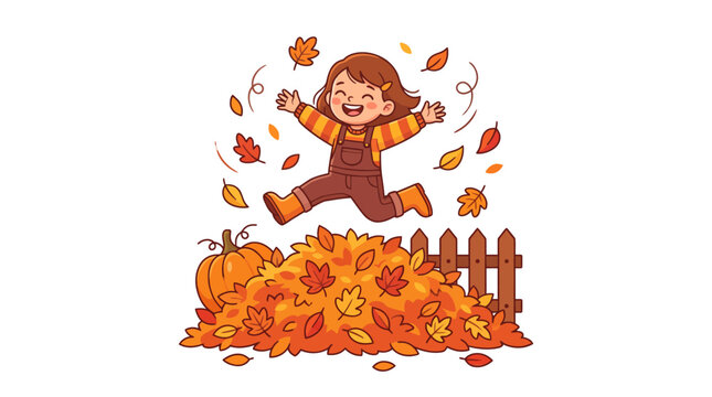 Happy Little Girl Jumping into a Large Pile of Autumn Leaves Cartoon Illustration
