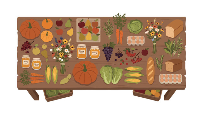 Flat illustration of autumn harvest food and fresh organic vegetables on a rustic wooden table