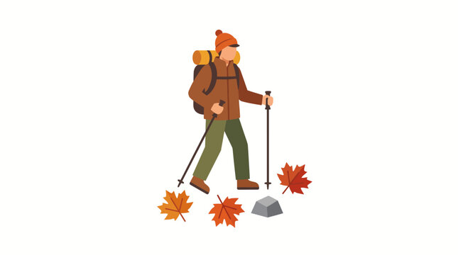 Man hiking in autumn with backpack and trekking poles