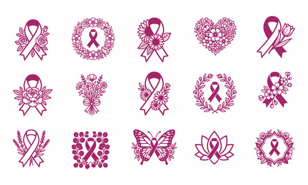 Breast Cancer Awareness Ribbon Floral Vector Icons SVG Cut Files Bundle For Crafts And Cricut Design