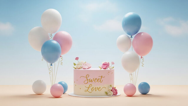 Sweet Love golden elegant typography on pink and white frosted layer cake decorated with sugar flowers surrounded by pink blue and white helium balloons on smooth pastel background under blue sky sky.