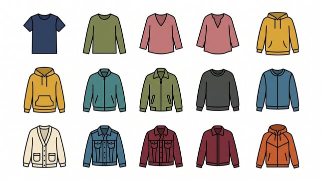 a flat vector illustration set of various colorful casual mens tops jackets and hoodies isolated