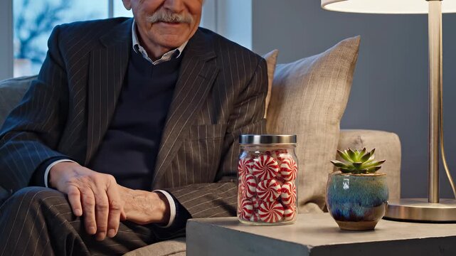 Senior man in suit reaches for glass jar of peppermint candy on side table. Elderly man hesitates before taking sweet peppermint candy. Senior man craves sugar treat while sitting on home sofa.