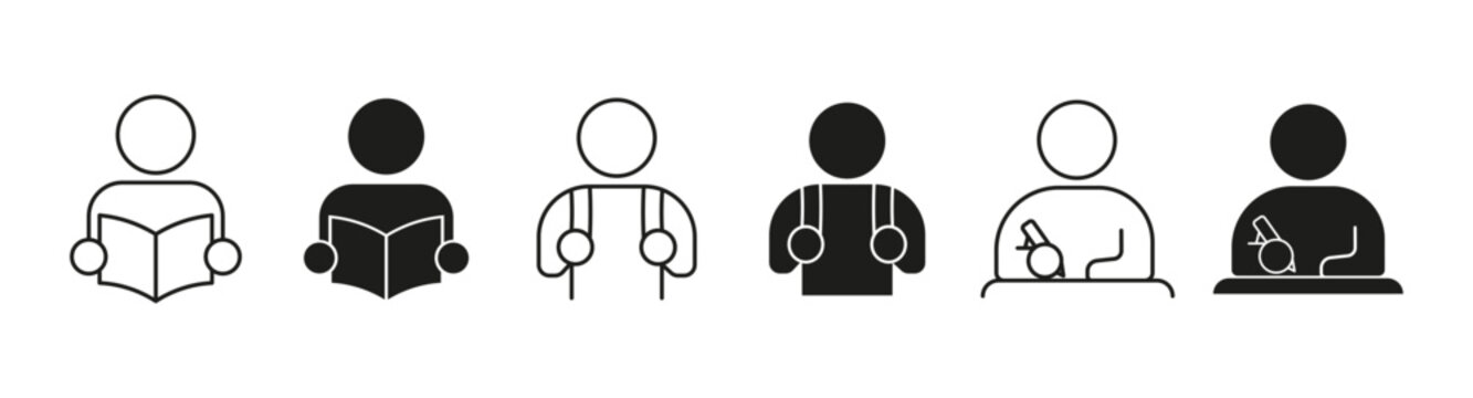 Back to school icon set. Student, reading, writing, school backpack and online learning symbols representing education, classroom activities, studying, academic life and digital lessons.