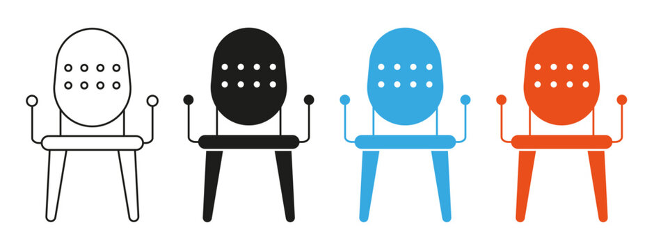 Chair icon set. Collection of modern seating, perforated chairs and armrest furniture symbols. Editable outline and colored icons.