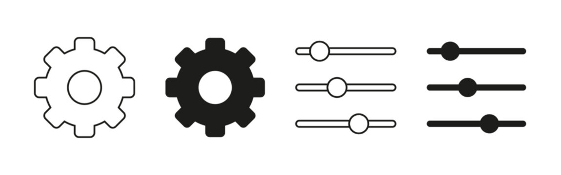 Settings icon set. Collection of gear, cogwheel, control sliders, adjustment and configuration symbols representing preferences, customization and system management. Editable outline and solid style.