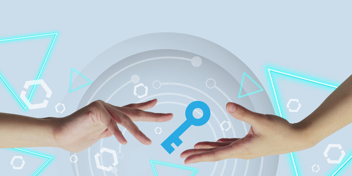 Cybersecurity technology and digital authentication for data protection with two hands exchanging a digital security key