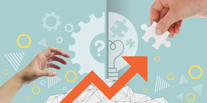 Business innovation and growth arrows with hands connecting puzzle pieces with a light bulb