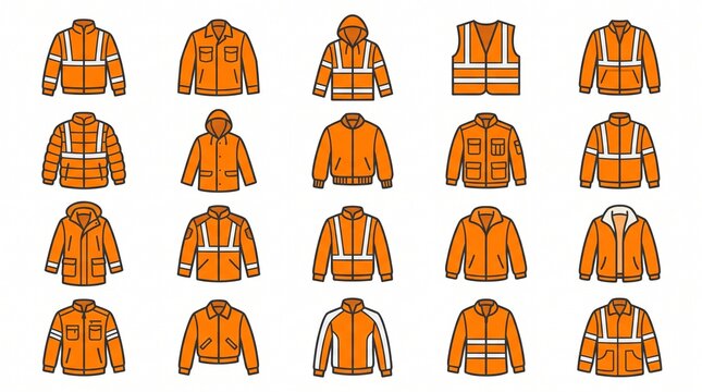 twenty orange work jackets and high visibility safety vests vector icon set on white background