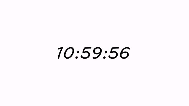 Starting soon Digital countdown clock timer in 12 hours to zero second. Element for overlay concept. 4K animation with alpha channel on transparent background