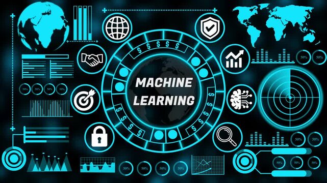Strategic machine learning concept with interconnected business technology internet icons supporting enterprise decision making and growth. 4k animation video 