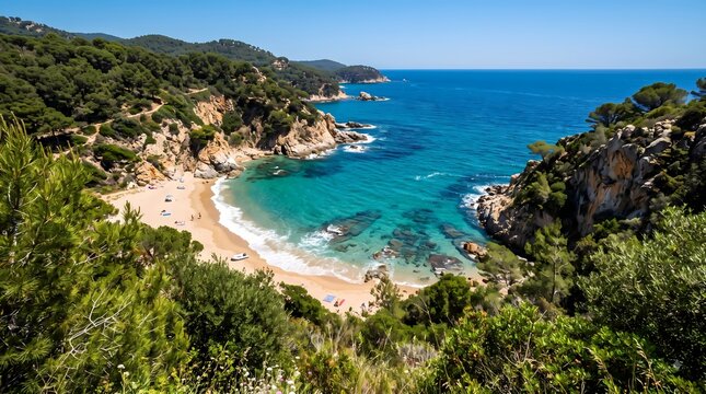 Tropical beach cove. Crystal clear turquoise coastline. Scenic coastal landscape. Nature travel illustration