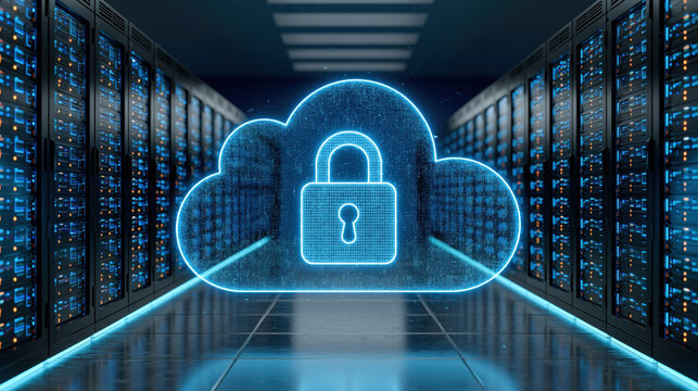 Secure cloud lock icon glowing data center aisle, neon cyber security concept with server racks and blue holographic shield feeling of protection