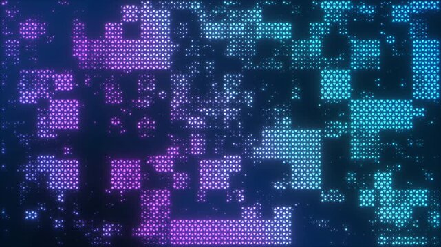 Seamless animated glowing halftone background with a blue and magenta geometric triangle grid. A dynamic, modern gradient pattern perfect for technology and business design
