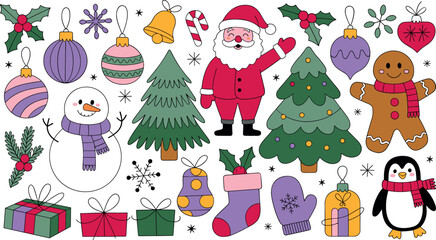 Fototapeta premium Christmas Vector Element Set with Santa Claus, Snowman, Penguin, and Holiday Decorations for Winter Greeting Cards, Festive Stickers, and Graphic Design Projects