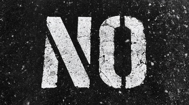 High contrast black and white top down view of stenciled word &ldquo;no&rdquo; on rough asphalt surface, weathered cracked white letters, industrial font, dark pavement with light gray pebbles and dirt particles
