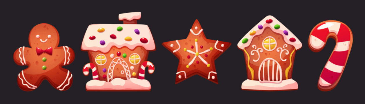 Cookie collection with gingerbread house, man and star shapes for Christmas decoration. Cute cartoon vector illustration with sweet candy cane ornaments and festive winter holiday pattern design.