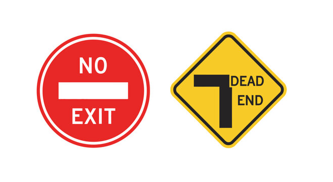 No Exit and Dead End Road Signs Isolated on White Background