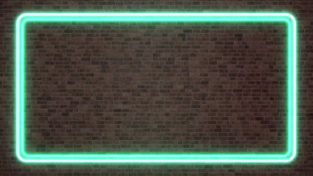 Glowing Green Neon Rectangular Frame Flickering on Dark Brick Wall