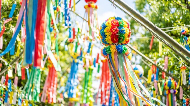 Colorful traditional Japanese Tanabata festival decorations with hanging paper streamers and floral kusudama ornaments under bright summer sunlight in a garden