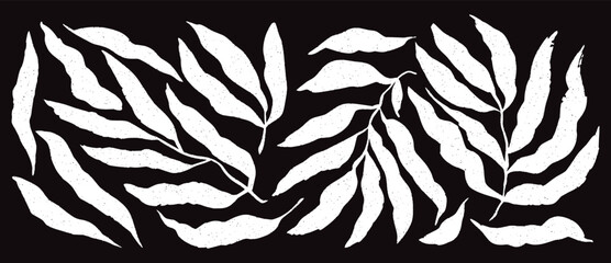 Seamless tropical leaf pattern featuring bold botanical foliage in a high contrast black and white style. Flowing organic shapes create a striking natural texture. Perfect for fabric, wallpaper,  © Parul
