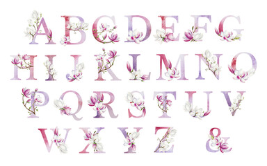 Magnolia letters, bloom branches, pink and white tree flowers. Watercolor hand drawn spring alphabet illustration isolated on background, transparent png. Wedding monogram or feminine design.Botanical © Natalia