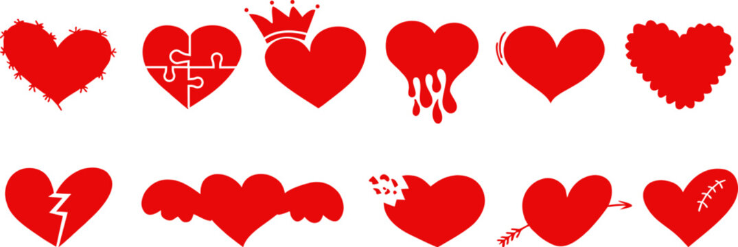 Heart icon collection featuring love, broken, dripping, winged, and decorative romantic symbols in a clean vector style. Creative Valentine elements express affection and emotion. Perfect for greeting