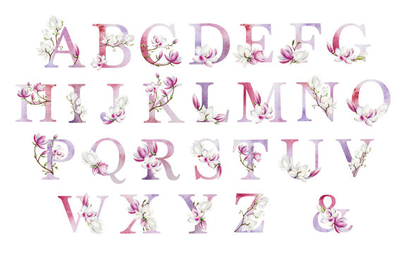 Magnolia letters, bloom branches, pink and white tree flowers. Watercolor hand drawn spring alphabet illustration isolated on background, transparent png. Wedding monogram or feminine design.Botanical