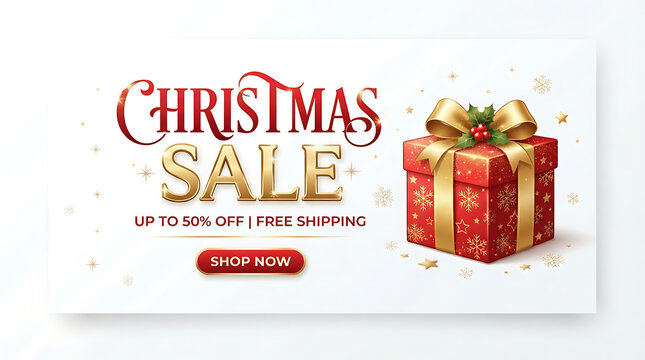 "Christmas Sale" Banner with 50% Off, Free Shipping and Gift Box