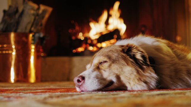 Sleepy border collie dog relaxes by a warm, crackling fireplace, peaceful domestic animal enjoying cozy home ambiance, cinematic motion footage.