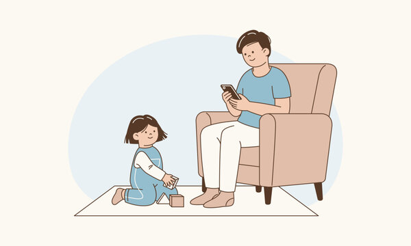 Parent Sitting Near Child Playing but Distracted by Smartphone Representing Digital Neglect Vector