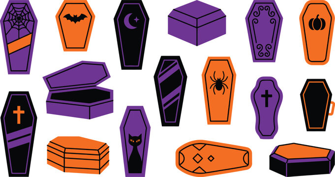 Collection of colorful decorative coffins for a spooky halloween celebration