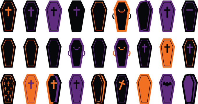 Collection of decorative halloween coffins in various colors and styles