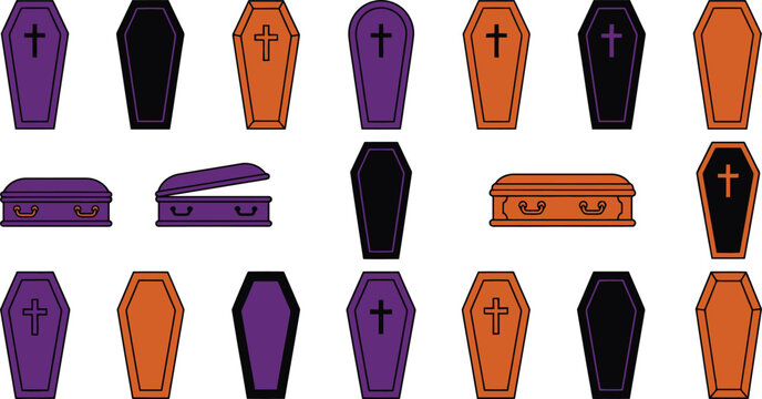 Set of colorful halloween coffins and caskets in purple orange and black