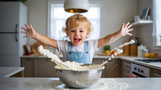  Cheerful little child making flour splash while baking in modern home kitchen
