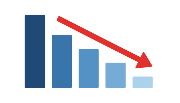 Financial bar chart displays a downward trend with a bold red arrow representing business loss and market crash.