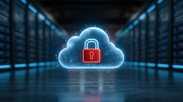 Secure cloud data concept with glowing padlock hologram in server room conveying privacy and protection