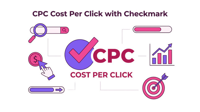 CPC cost per click advertising concept with checkmark icon.