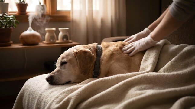 A senior golden labrador dog receiving a relaxing therapeutic massage at home.