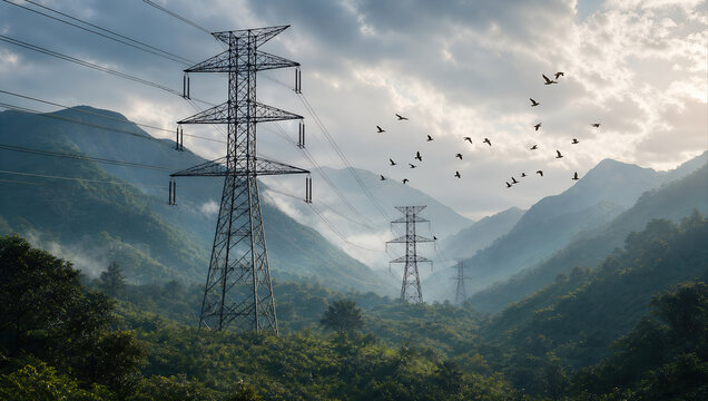 Power line electricity mountain valley forest morning mist bird migration landscape Tranquil morning mountain valley with power line tower