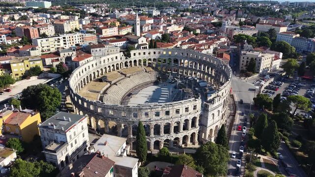Aerial view of ancient Roman Amphitheater (Arena) in Pula city, Croatia