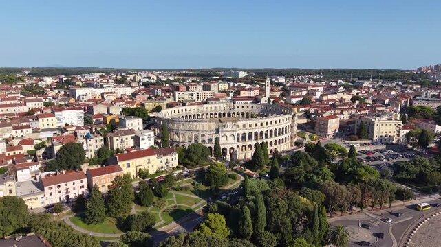 Drone shot of Pula Arena (Pulska Arena) Roman amphitheater, Croatia