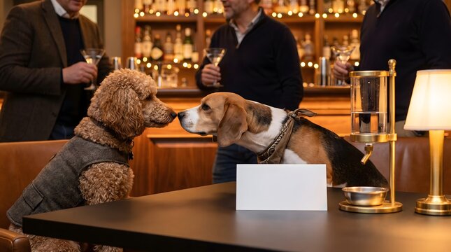 Two adorable dogs greeting each other at a pub table with a blank menu card.