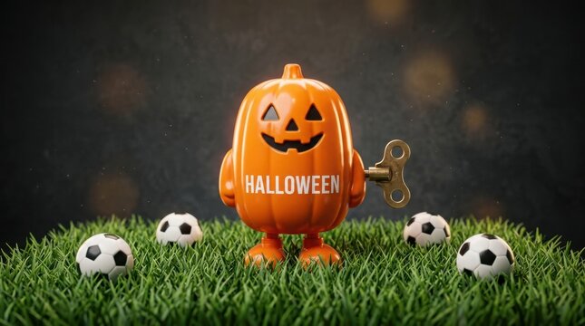 Halloween jack o lantern with soccer balls on grass, outdoor acti