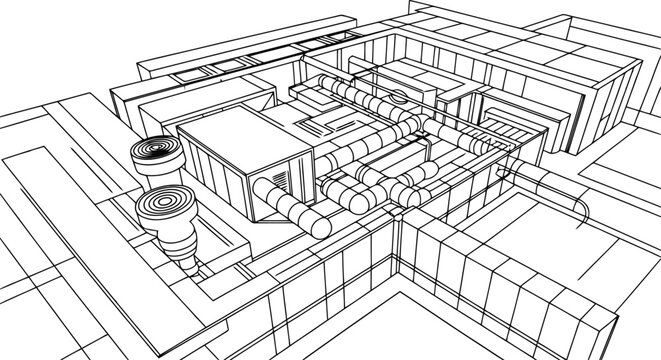 Technical cad of rooftop hvac system with metal ductwork ventilation