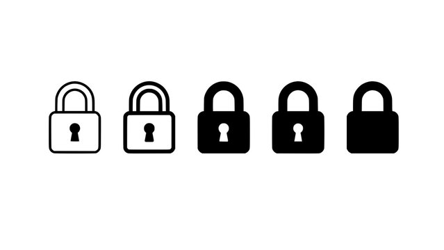Set of five different padlock icons representing security levels and encryption status for digital interface design
