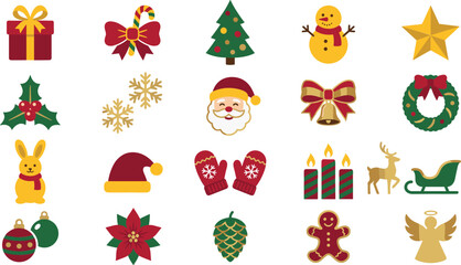 Fototapeta premium Christmas Icon Set with Flat Vector Holiday Symbols and Characters Including Santa, Snowman, Wreath, Reindeer, and Angel for Festive Web Graphics and Winter Designs